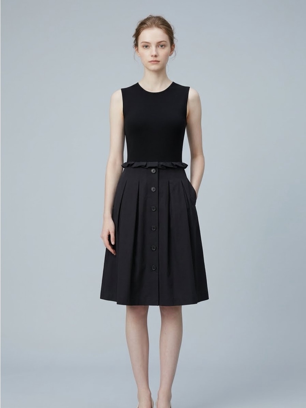 KARL LAGERFELD Black Sleeveless Pleated Button-Front Dress (2)